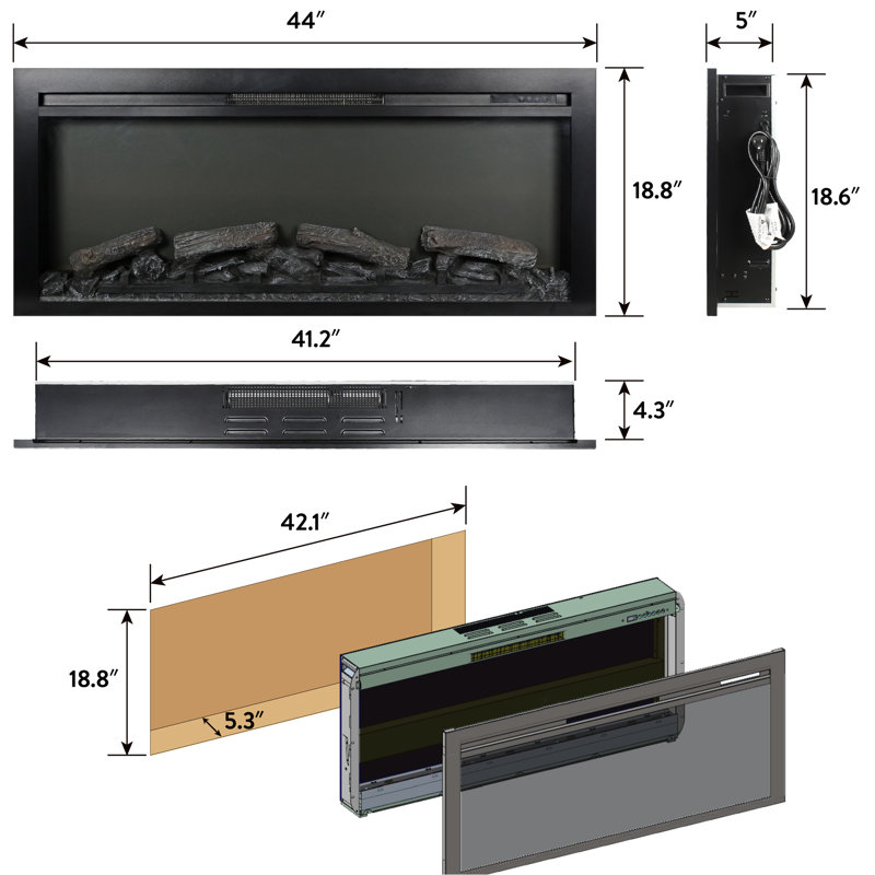Foyer électrique 44 pouces pour encastré au mur, télécommande, flamme, chauffage 1400W, 5000 / H, 50000 heures de chauffage à DEL avec source de chaleur 44 ", chaleur, 11 réglages de température, économie d'énergie