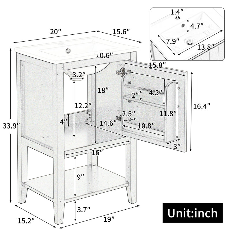 Meuble-lavabo de salle de bain avec lavabo, armoire de salle de bain avec porte à fermeture douce et tablette ouverte, White