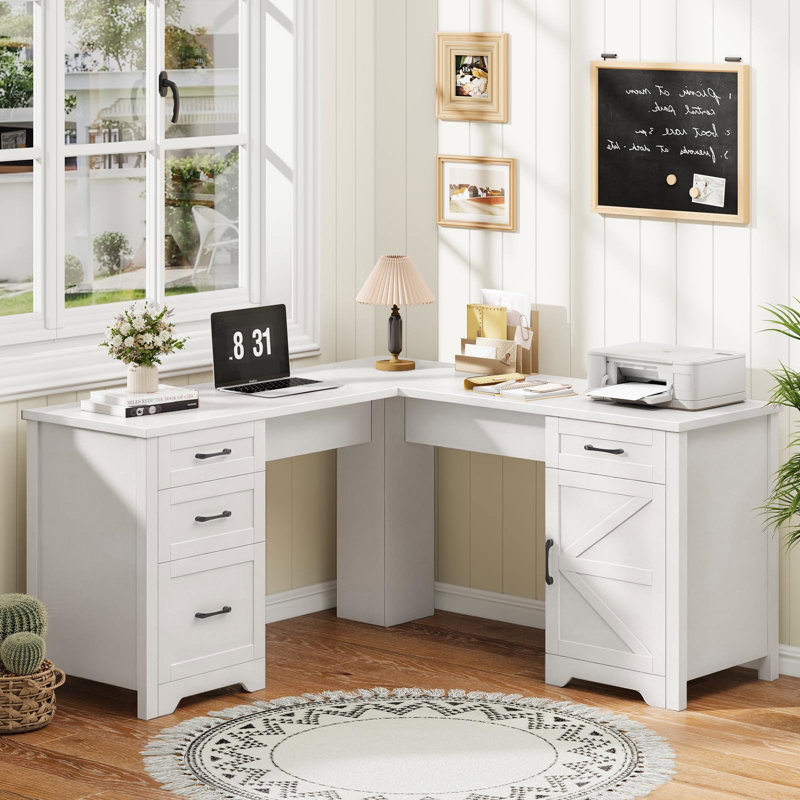 Bureau de direction en L 59 po avec prises de courant, White