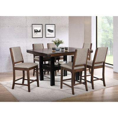 Table de salle à manger à hauteur de comptoir avec table en bois d'hévéa et chaises rembourrées de couleur grise, étagère ouverte au fini chêne de manguier pour table rectangulaire Essentials