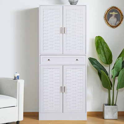 Armoire de rangement de 72 po avec 4 portes tissées, tiroir et 4 tablettes réglables, armoire de rangement autoportante pour la cuisine du salon