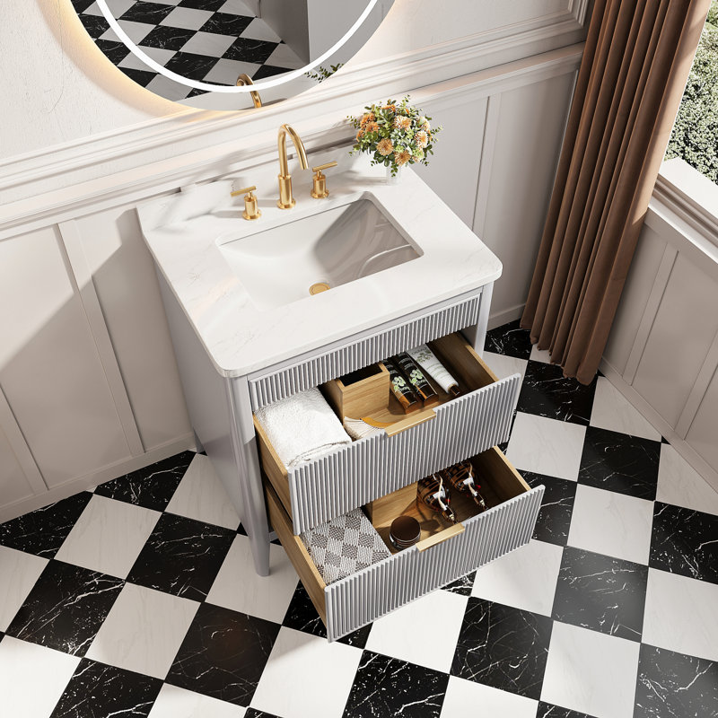 Fully Assembled 30'' Freestanding Single Sink Bathroom Vanity with Solid Wood & Marble, Grey