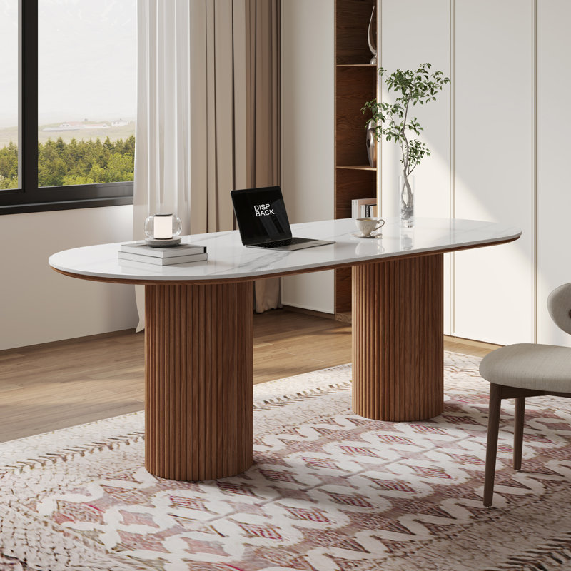 71" Modern Oval Writing Desk, Glossy Faux Marble Table Top, Double Wood Legs, White/Brown