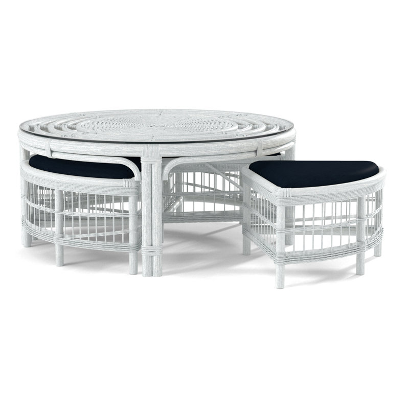 Raffles Rattan Cocktail Table with Benches, Blue Buffalo Check; 0120-61, Frost White