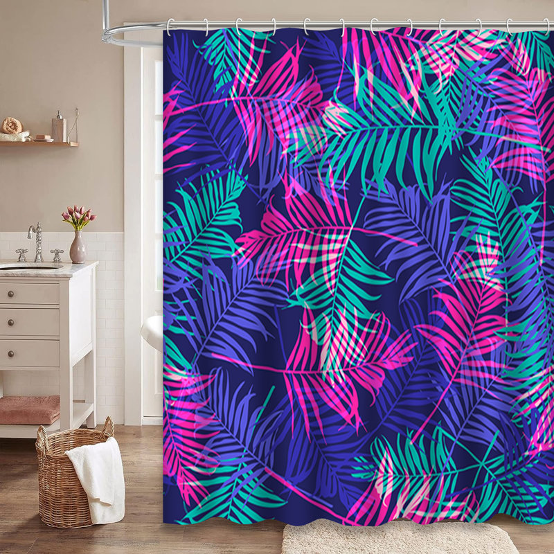 Rideau de douche bleu à motif de feuilles de palmier tropicales avec 12 crochets, L 72 po x l 78 po