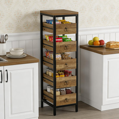5-Tier Narrow Storage Rack with Pull-Out Drawers – Sturdy Wood & Metal Frame, Multi-Use Kitchen Organizer for Fruits, Vegetables – Easy Access Utility Shelf
