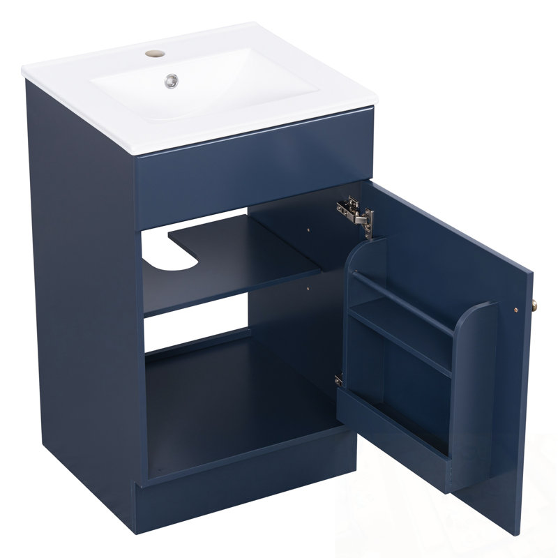 Meuble-lavabo de salle de bain avec lavabo, une porte et tablette réglable, Bleu