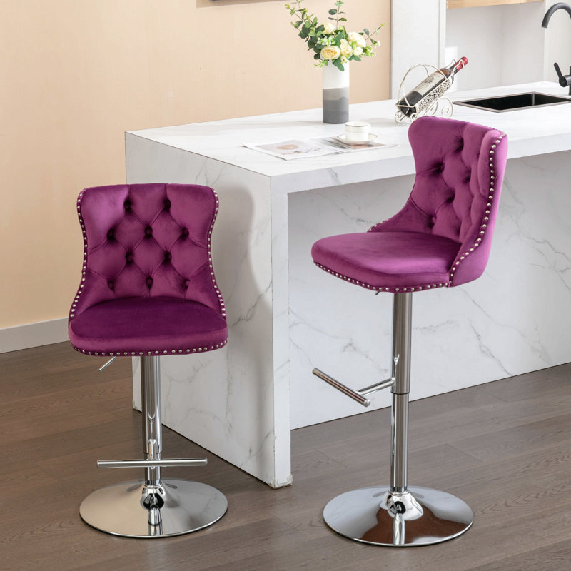 2Pcs Swivel Velvet Barstools Adjusatble Seat Height From 25-33 Inch, Modern Upholstered Chrome Base Bar Stools, Purple
