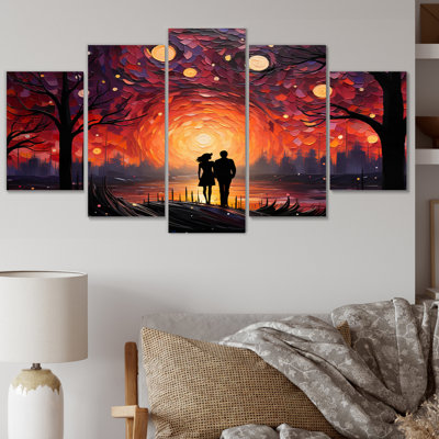'Abstract Romantic Couple Pointilism Landscape - Romantic Landscape Wall Decor - 5 Panels