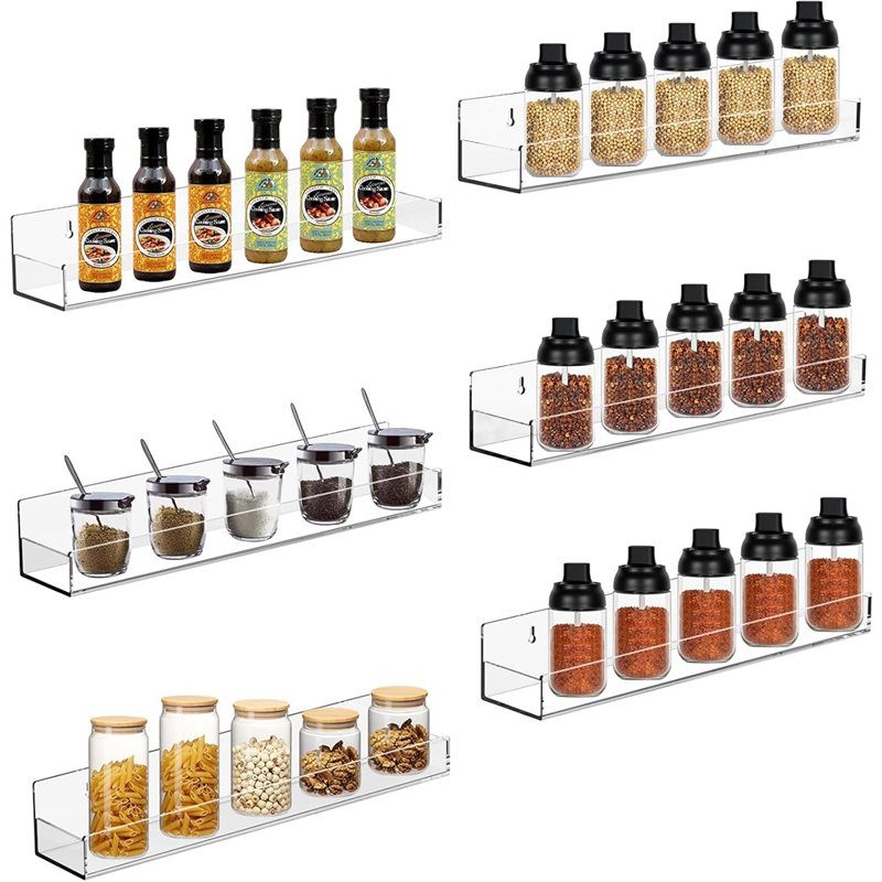 Clear Acrylic Spice Rack Wall Mounted, 15" Floating Shelves With End Guards, Set Of 6
