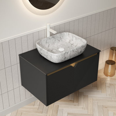 30" Bathroom Vanity&Sink, Wall-Mounted Floating Plywood Storage Cabinet, Twill Double Doors With Metal Trim, Marble Pattern Rectangle Ceramic Vessel Basin&Black Sintered Stone Top, Black