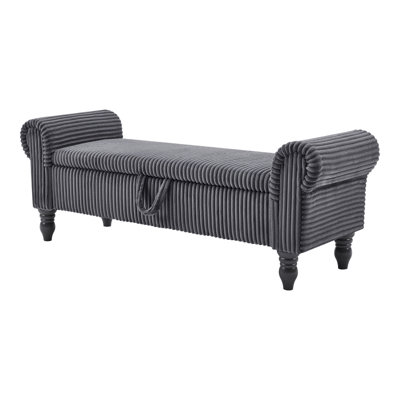 55" Dark Gray Corduroy and Solid Wood Upholstered Storage Bench With Flip Top