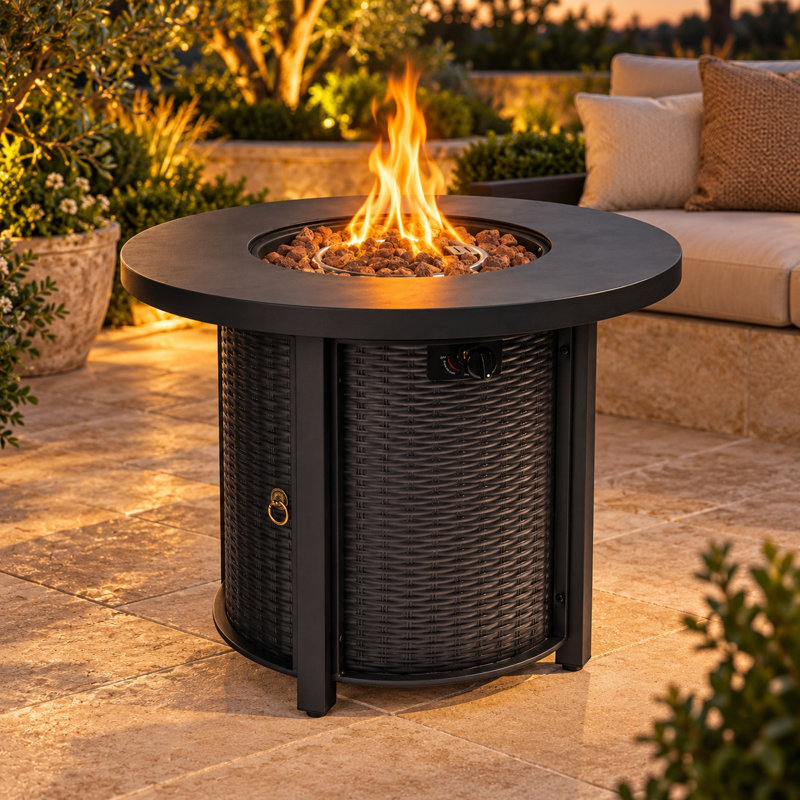 Table de foyer ronde en acier au propane de 76,2 cm (30,01 po) avec base en osier