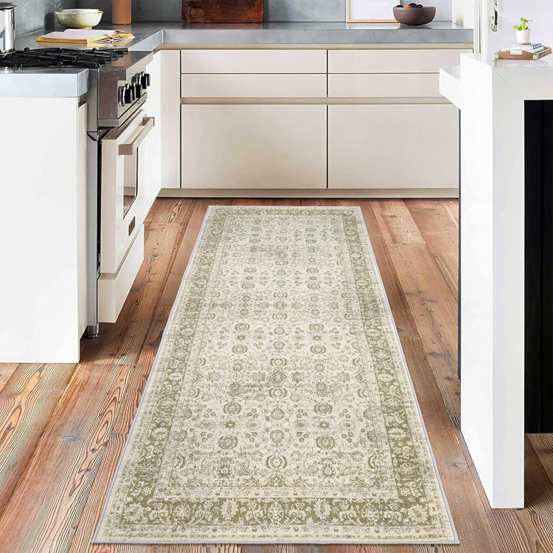Non-Slip Washable Kitchen & Hallway Runner Rug, Low Pile Vintage Floral, Stain Resistant, Runner 1'9" x 6'