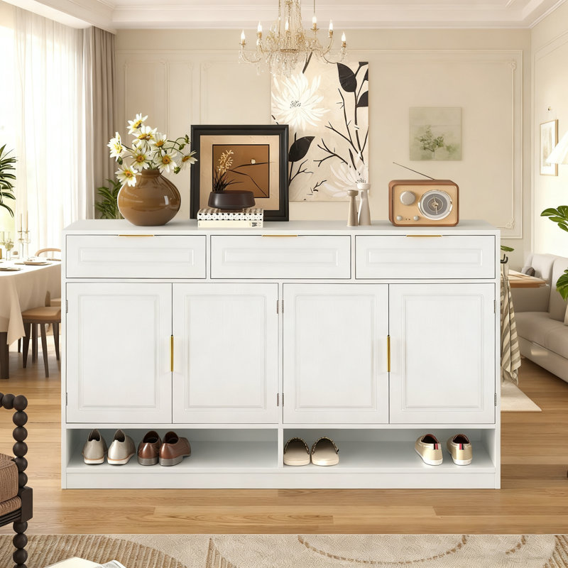 Farmhouse Sideboard With 3 Drawers, 4 Doors, Adjustable Shelf And Open Storage Compartments, White