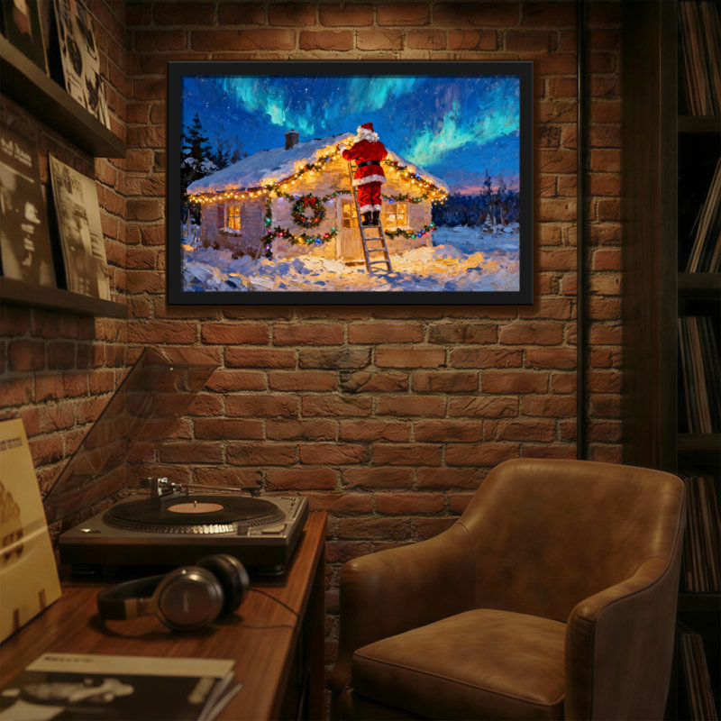Père Noël décorant une maison sous les aurores boréales, H 24 po x l 36 po