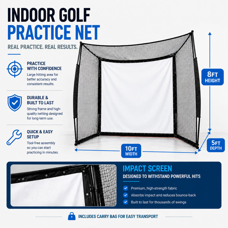 Cage de practice Yunic Range Cage 3 m x 2,4 m avec filet de frappe et cadre en fibre de verre pour l'entraînement de golf en intérieur, garage ou jardin.