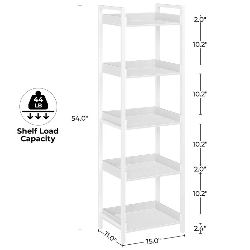 Bibliothèque d'angle étroite à 5 niveaux, présentoir et rangement en bois, Blanc, 54" H x 15" W x 11" D