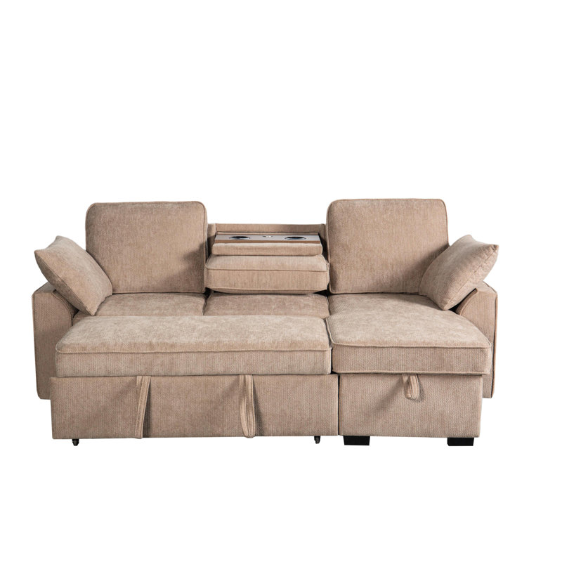 Canapé modulaire à 3 places avec plateau porte-gobelet amovible, méridienne de rangement et agencement modulaire, revêtement multifonctionnel en chenille brune, méridienne convertible, plateau à dossier réglable