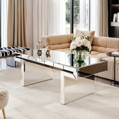 47 Inches Luxury Rectangular Mirror Coffee Table With Fluted Tempered Glass