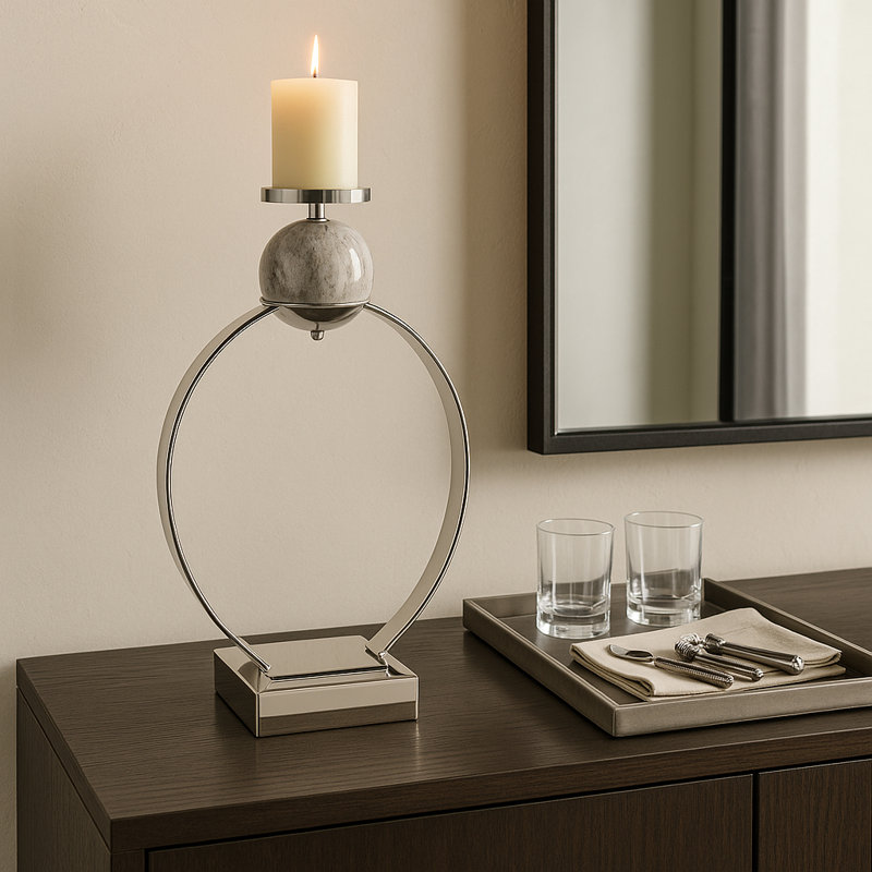 Bougeoir pilier sculptural décoratif Hayslett avec sphère de marbre pour la décoration intérieure - Bougeoir de table moderne en métal pour le salon