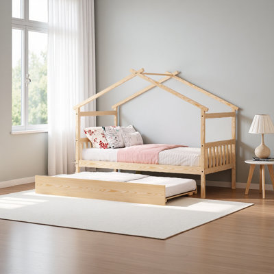 Wooden House Bed With Twin Size Trundle