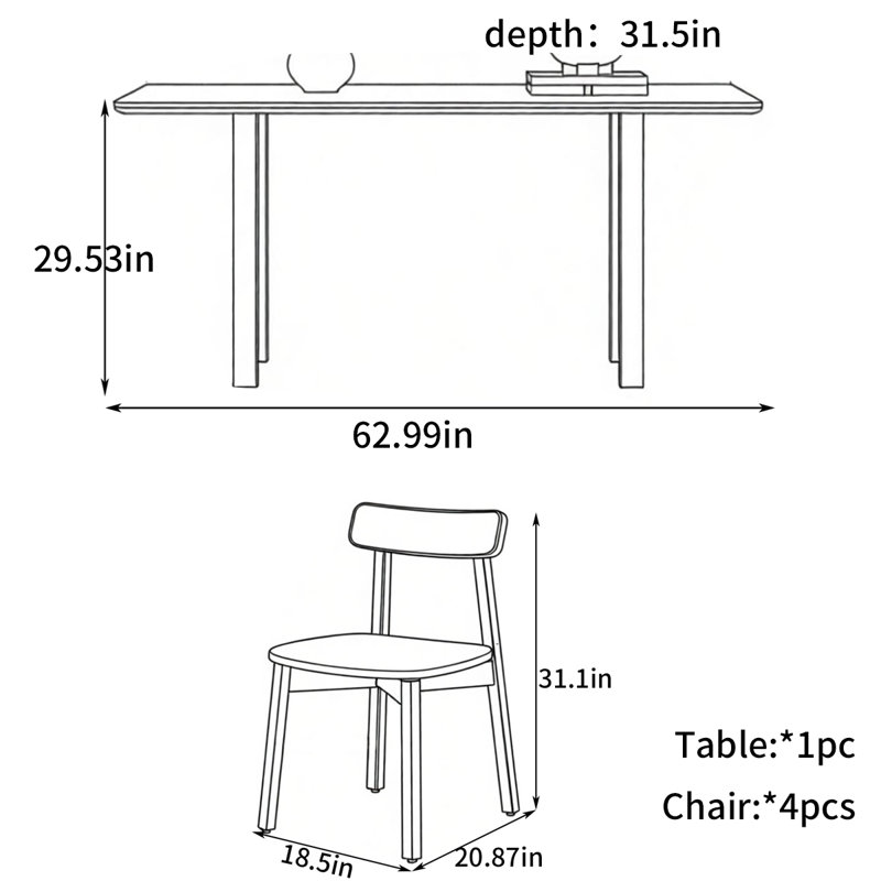 Table de salle à manger Swaffham, H 29,53 po x l 62,99 po x P 31,5 po, 5 pièces: table, 4 chaises