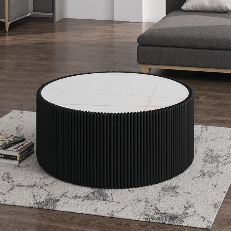 Table basse cylindrique moderne avec plateau en pierre et finition en cuir, 29.52, Black