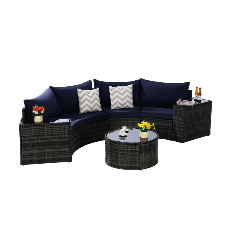 Outdoor Patio 7 Half-Moon Furniture With Coffee Table - Strong Composite Weaving, Breathable Cushions, Tempered Glass , Protected, Cleanable Seating