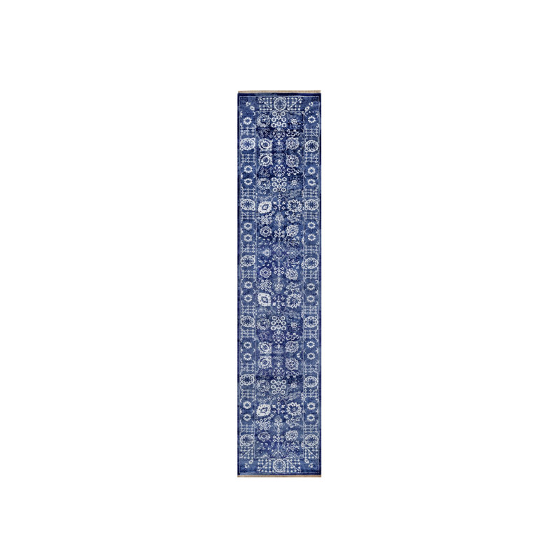 Tapis de couloir bleu en laine et soie noué à la main 2 pi 7 po x 11 pi 10 po 20AFD209186148E6ABC56F5F2887F1DC