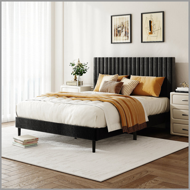 Structure de lit double, lit plateforme tapissier en velours avec tête de lit réglable en hauteur, structure robuste et lattes, conception silencieuse, compatible avec les matelas sans ressorts, facile à assembler