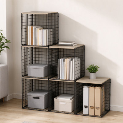 Closet Organizers and Storage with Wood Top, Stackable Wire Storage Bins for Clothes, Bags and Towels, Sturdy Metal Cube Shelf Organizer for Closet Wardrobe and Bedroom, Black