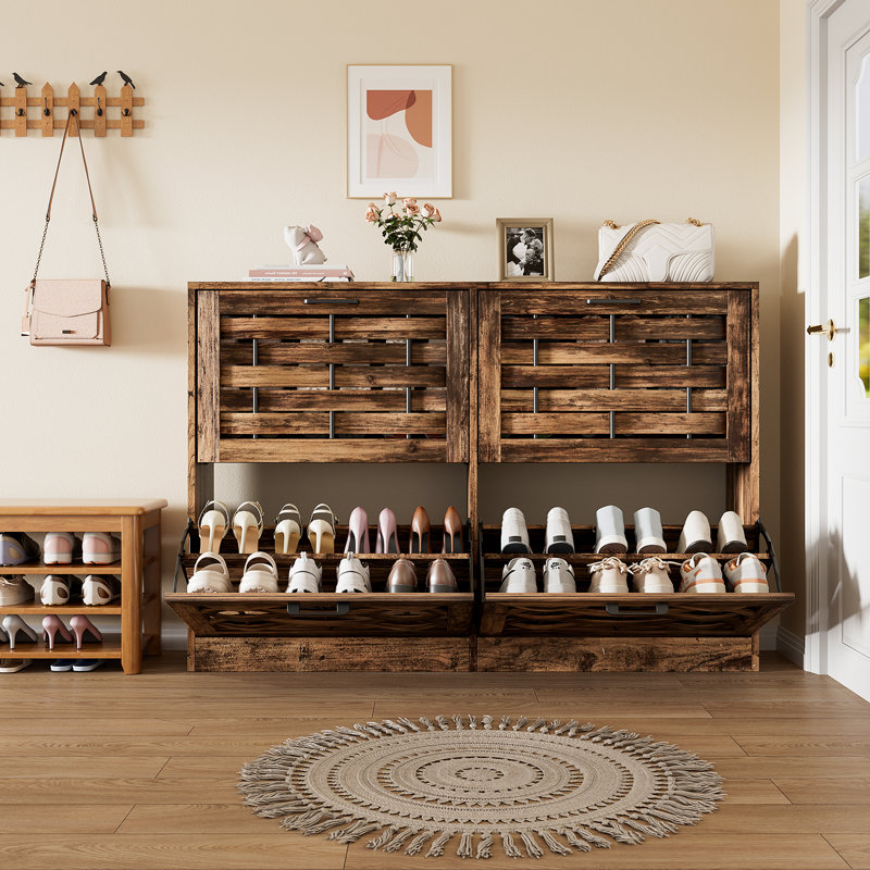 Shoe Cabinet With 4 Flip-Top Drawers For Entryway, Slim Hidden Shoe Rack For Hallways, Rustic Brown