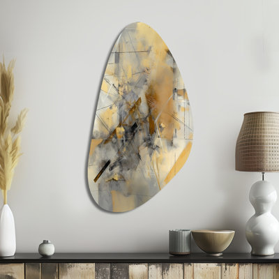 Jaune et gris au-delà de la toile II - reproduction abstraite de forme unique sur métal, décoration murale asymétrique en métal jaune