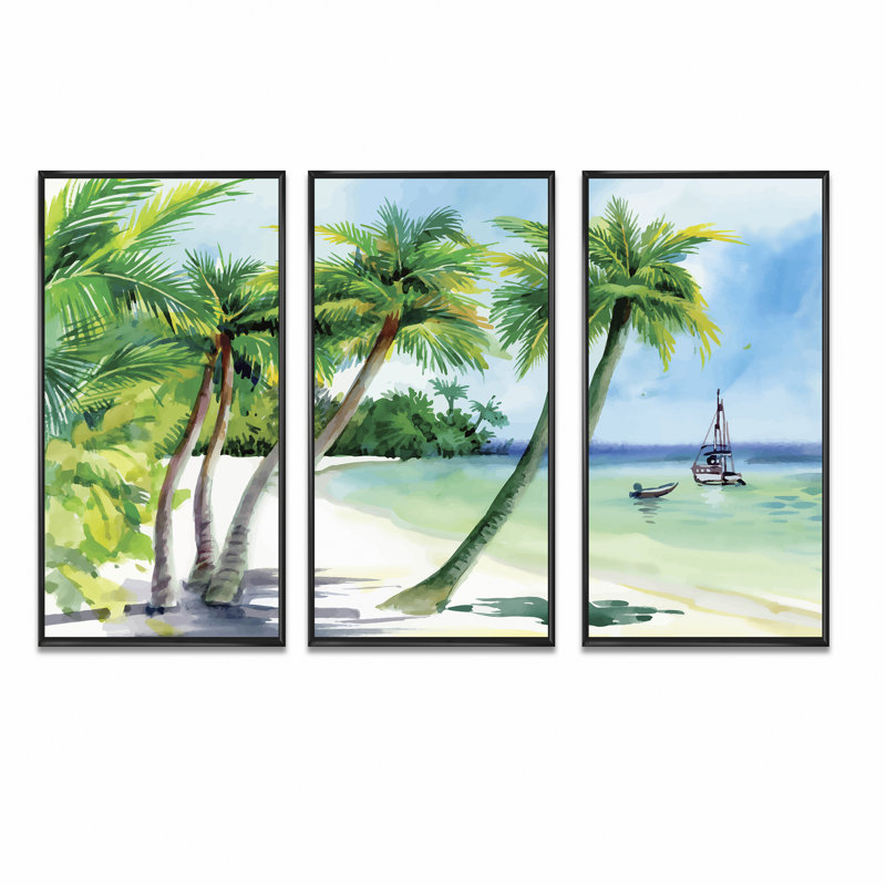 «Summer Beach with Palm Trees», reproduction sur toile flottante 3 pièces, H 28 po x l 36 po x P 1 po, Cadre noir