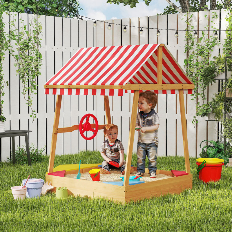 HOMCOM 256.54cm x 358.14cm Fir Wood Square Sandbox with Cover