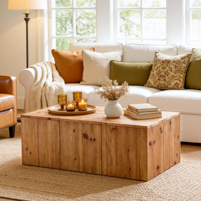 47-Inch Rustic Solid Wood Block Coffee Table, Farmhouse Rectangle Box Frame Center Table With Natural Wood Grain For Living Room