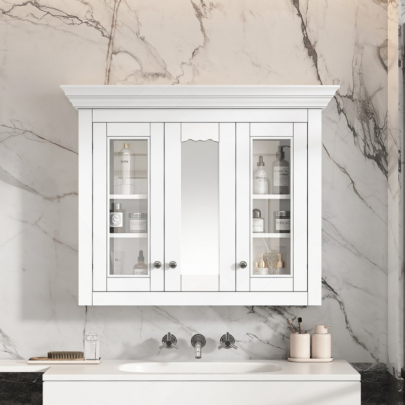 35" Bathroom Medicine Cabinet With Mirror, 5 Closed & Adjustable Shelves, Bathroom Wall Mounted Storage Cabinet With Glass Doors