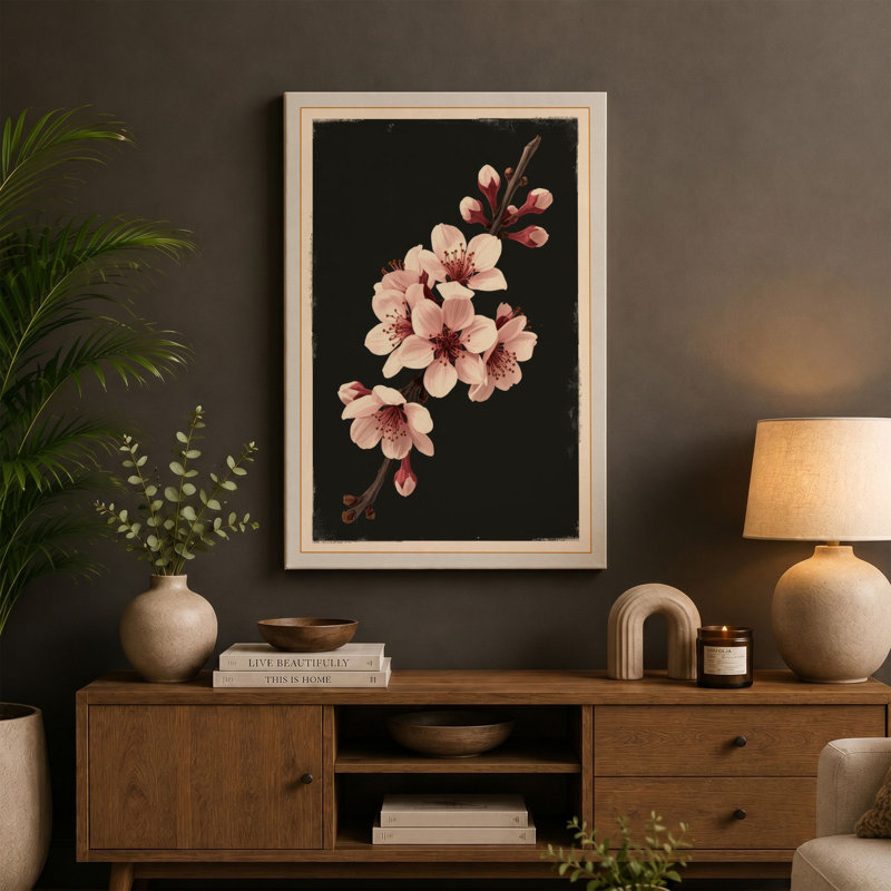 Moonlit Cherry Blossom Botanical - Wrapped Canvas, 18x12 - 45.7 x 30.5 cm, Ochre Border
