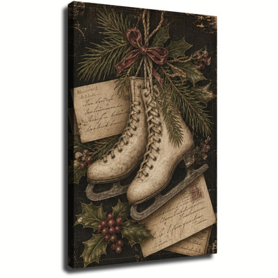 Patins à glace rétro avec pin houx et lettres antiques, art rétro sur toile, nature morte de Noël