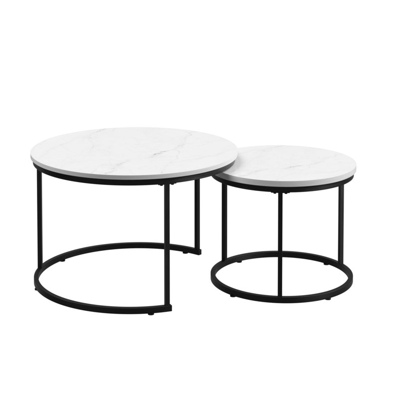 Set of 2 Round Nesting Coffee Tables, Rustic Brown Wood Grain Stacking Side End Tables with Matte Black Metal Frame, Industrial Nestable Accent Table for Living Room, Small Apartment & Condo