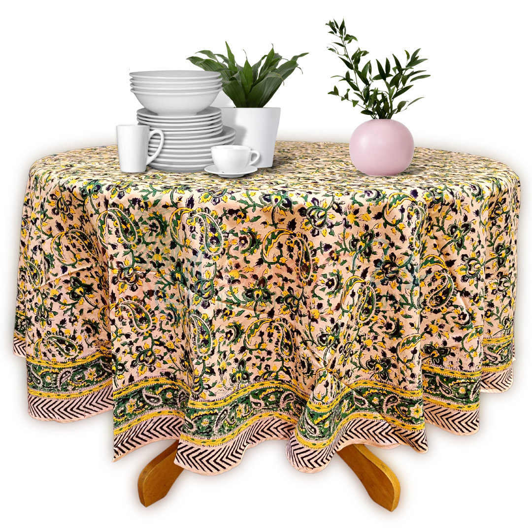 Block Print Floral Cotton Round Tablecloth Bungalow Rose 
