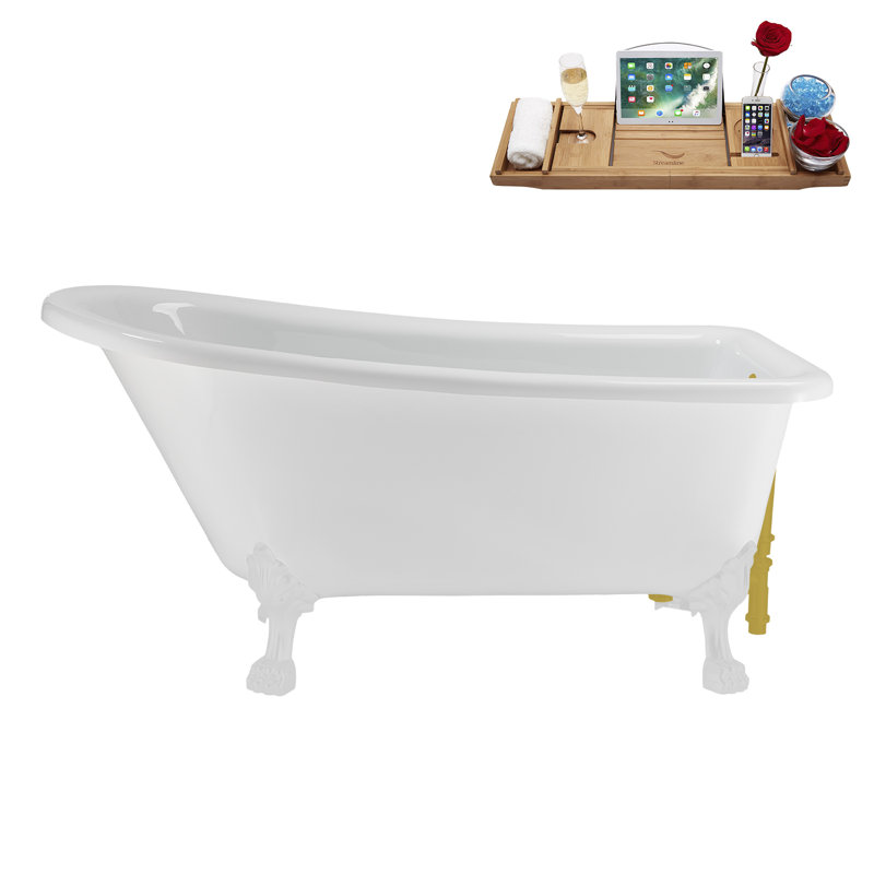 58" Streamlin Clawfoot Tub,Tray,Drain, Clawfeet, Glossy White, Brushed Gold