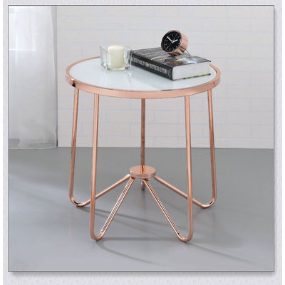 Table ronde blanche avec plateau en verre givré avec garniture or rose, parfaite pour les espaces modernes et compacts