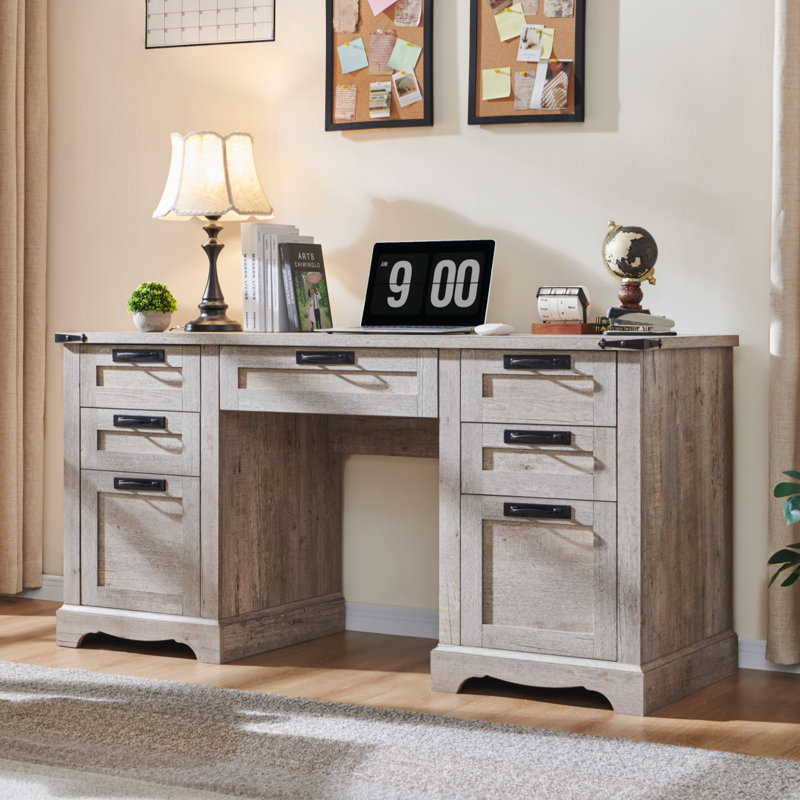 Bureau double caisson en bois massif et manufacturé avec station de charge Deserey, Chêne rustique pâle, Chêne rustique pâle