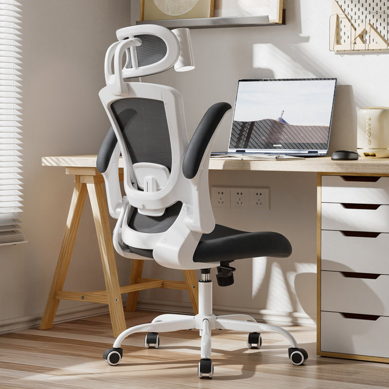 Inbox Zero Ergonomic Mesh Office Chair with Flip-Up Arms, Adjustable Height & Lumbar Support - Breathable Task Chair, Gray