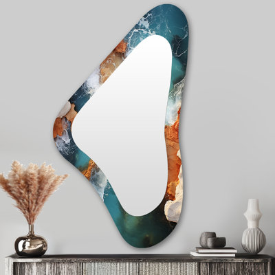 Bleu et orange plage rocheuse vue aérienne IV - Miroir décoratif asymétrique de plage, grand miroir mural de forme irrégulière bleue, reproduction d'art en métal