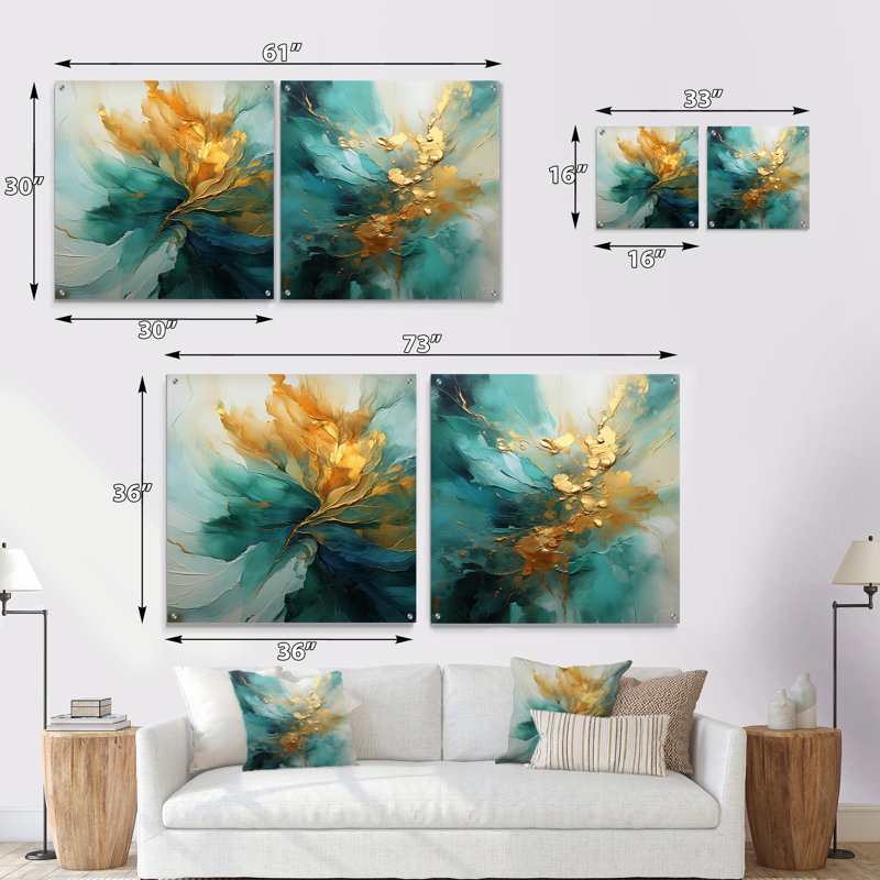 Or et sarcelle aurore harmonie - spirales abstraites acrylique ensemble d'art en verre de 2, H 36 po x l 73 po