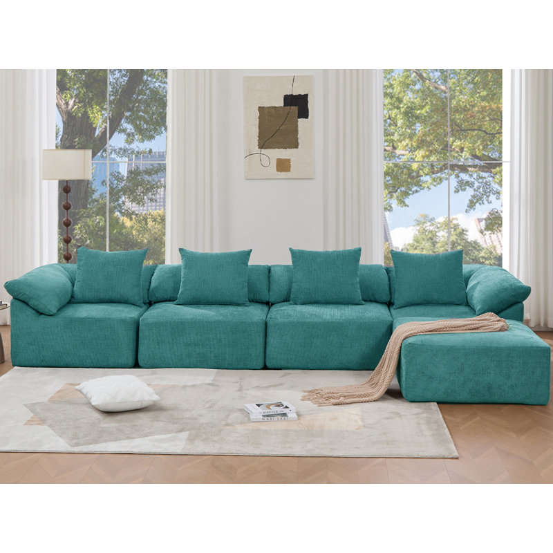 Canapé rembourré 5 pièces en L de 142 po avec méridienne convertible 5 pièces, Bleu