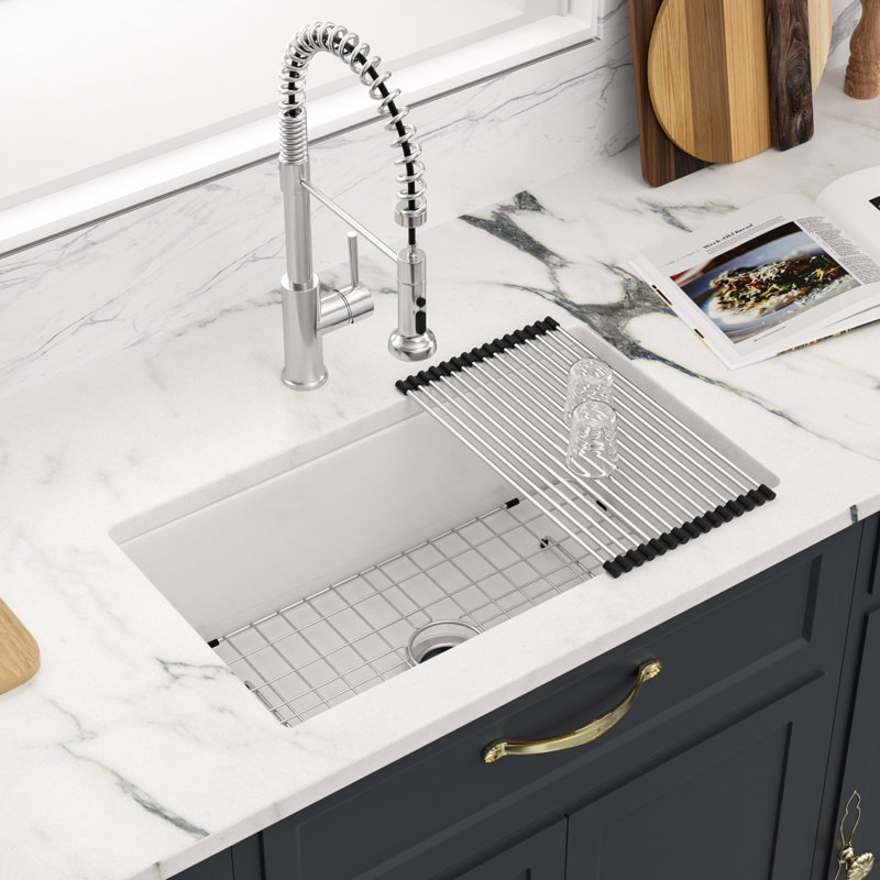 32" L x 19" W Fireclay Drop-In/Undermount Kitchen Sink Single Bowl Sink with Basket Strainer and Sink Grid, Silver